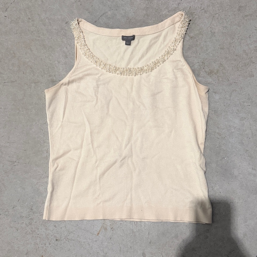Ann Taylor Beige Top with Pearl Details